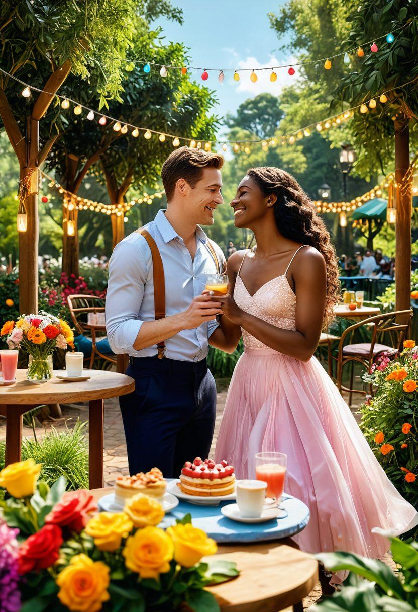 A colorful collage of diverse couples from the LGBTQ+ community sharing joyful moments, such as holding hands in a park, sharing a laugh over a café table, and dancing together under fairy lights. Incorporate symbols of love like rainbows and heart motifs subtly in the background. Highlight the warmth of affection with soft, glowing light. vibrant colors. super-realistic.