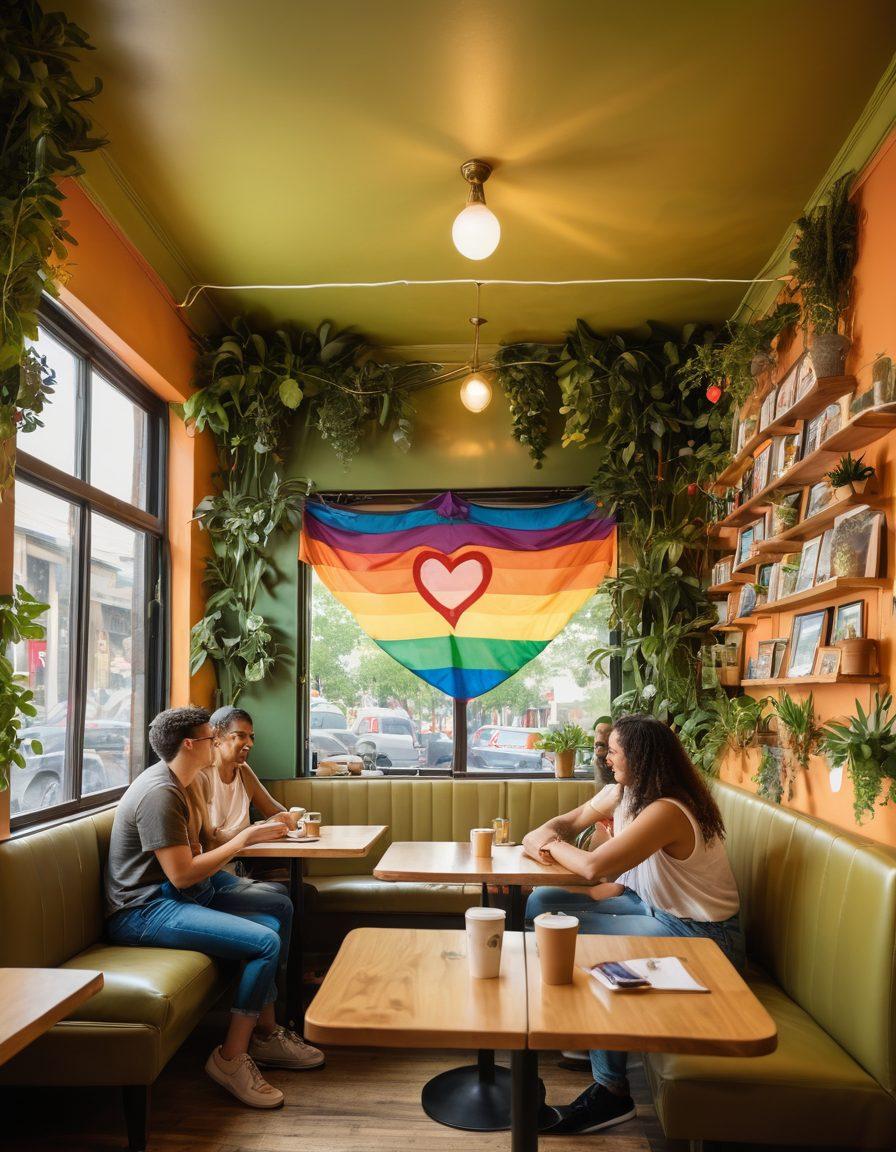 A colorful and cozy café scene, featuring a diverse group of LGBTQ+ individuals engaging in joyous conversations, adorned with rainbow flags and heart-shaped decorations. Soft, warm lighting enhances a sense of comfort and acceptance, while plants and art on the walls symbolize growth and love. Include coffee cups and books illustrating relationships. super-realistic. vibrant colors. warm ambiance.