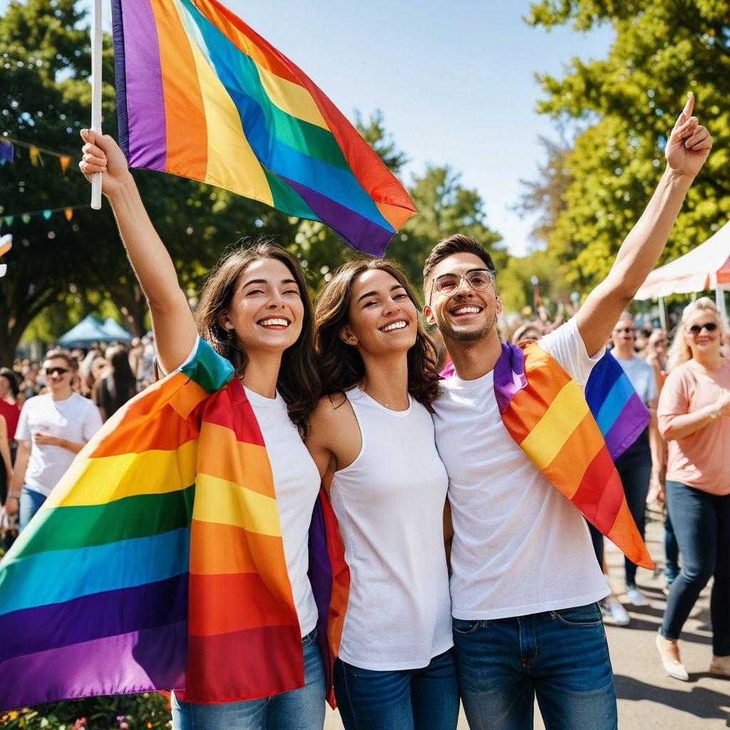 A vibrant community scene featuring a joyful same-sex couple, surrounded by supportive friends holding colorful rainbow flags. The background shows a lively park with festive decorations and people of diverse backgrounds celebrating together, embodying love and acceptance. Bright sunshine and colorful flowers enhance the upbeat atmosphere. super-realistic. vibrant colors. 3D.